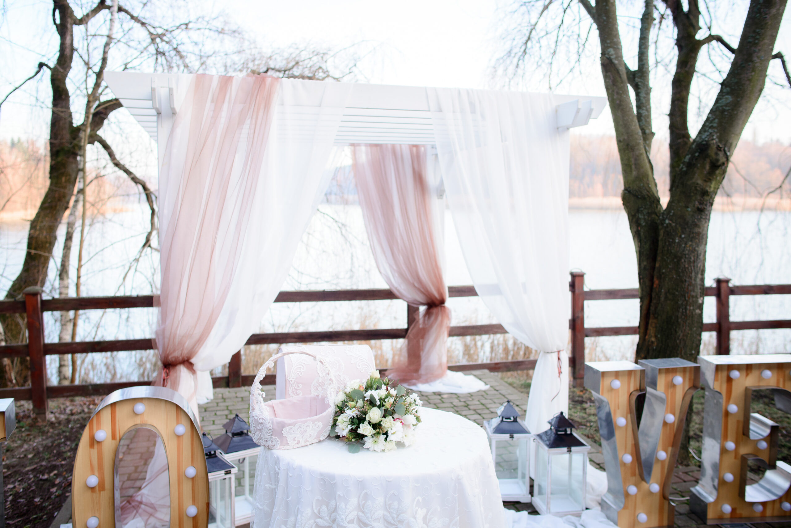 beautiful wedding altar made white pink curtains scaled