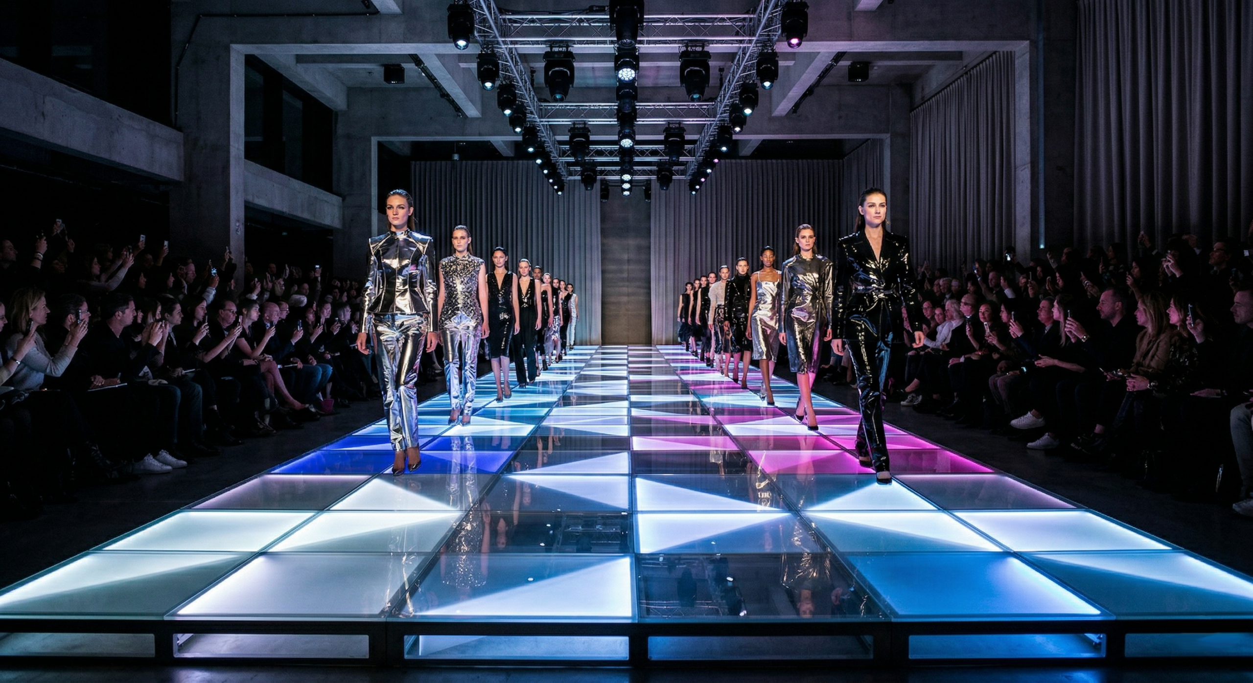 A shot of a runway featuring a highly reflective white/black vinyl surface or an under-lit plexiglass catwalk.