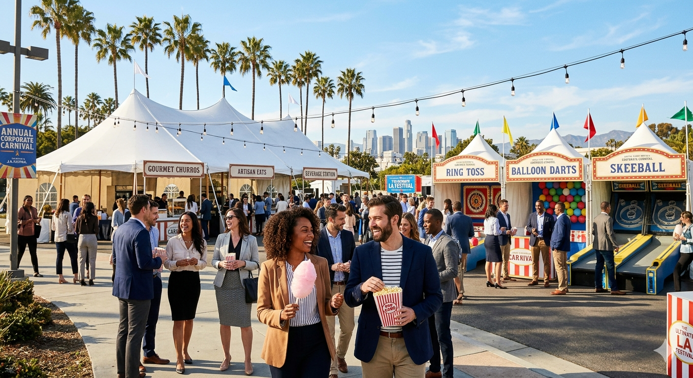 An upscale outdoor corporate carnival event in Los Angeles featuring premium tents, carnival games, and concessions under the sun.