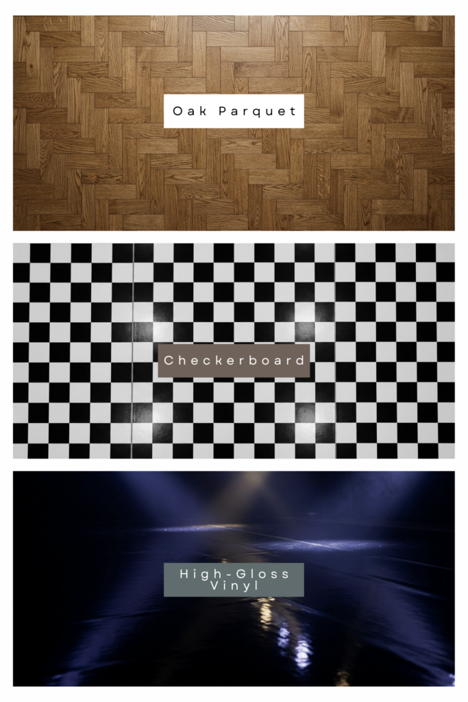 5 Questions to Ask Before Renting a Dance Floor 3 Popular rental dance floor styles including oak parquet, white acrylic, all black, and retro checkerboard.
