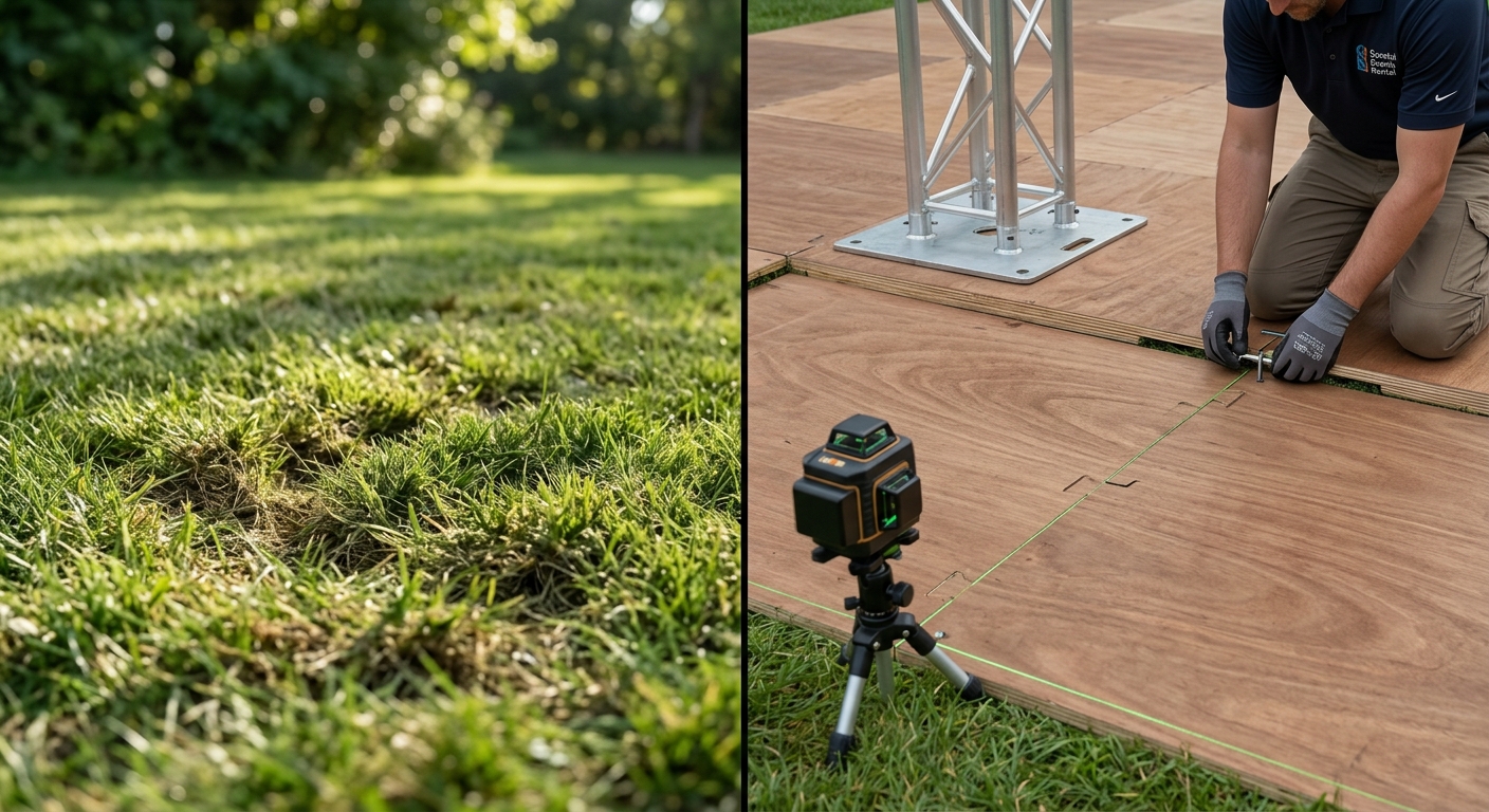 5 Questions to Ask Before Renting a Dance Floor 1 Plywood sub-floor installation over outdoor grass for safe dance floor stability.