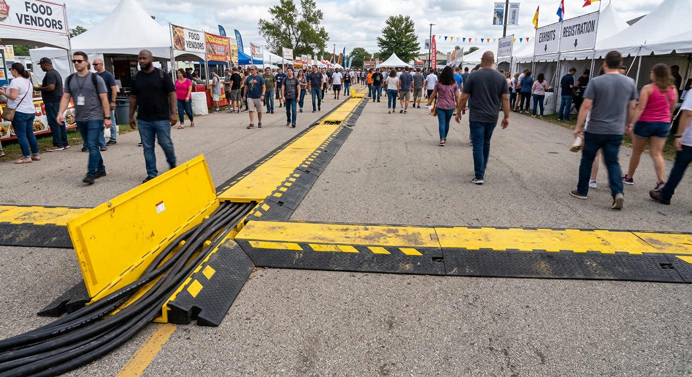 The LA Event Planner’s Guide to Generator Rentals 3 Low-profile yellow ADA cable protection ramp covering heavy event power feeder cables on a concrete path