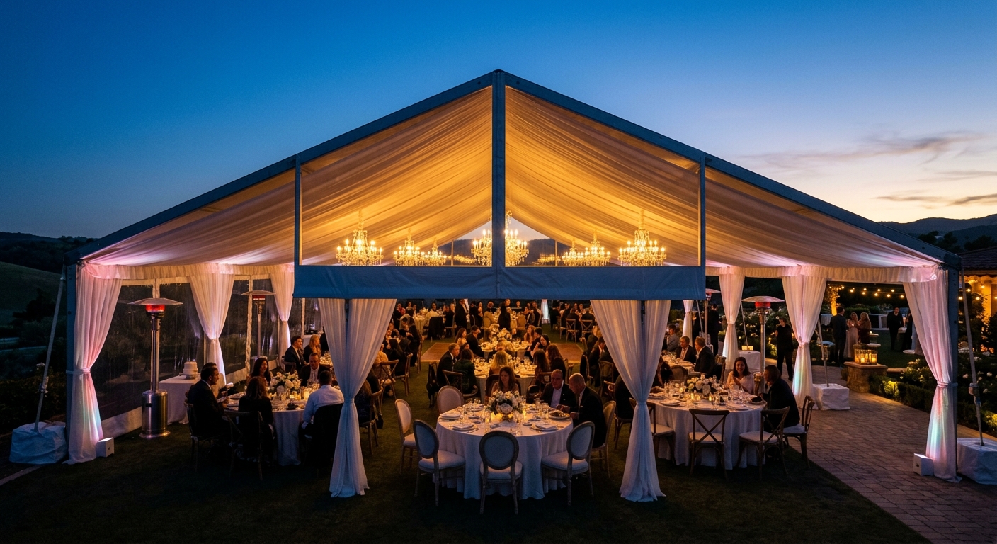 How We Built a Temporary Banquet Hall on a Tennis Court 4 Overhead tent decorative lighting, including a warm ambient chandeliers