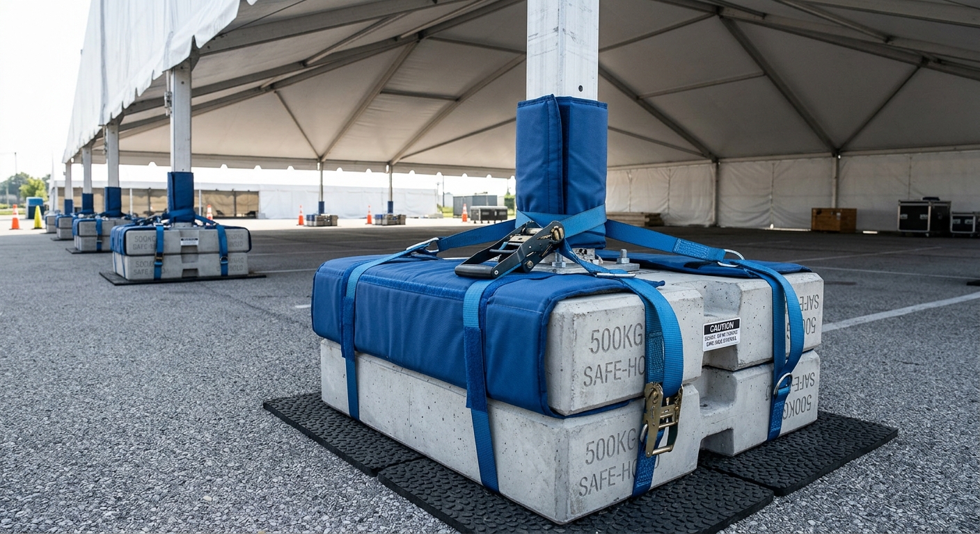 How We Built a Temporary Banquet Hall on a Tennis Court 2 Certified high-capacity ballast weights securing a commercial clear-span tent frame on a tennis court surface.
