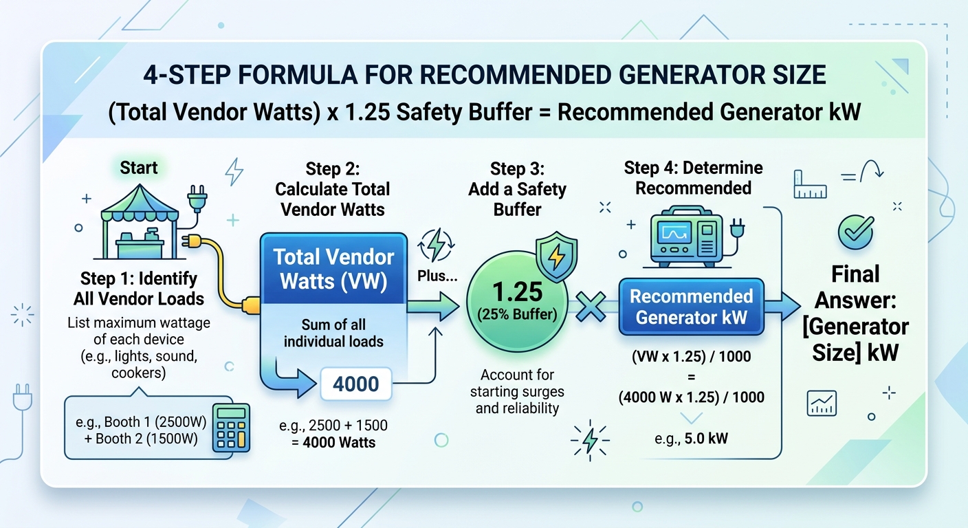 The LA Event Planner’s Guide to Generator Rentals 1 Diagram illustrating event generator rental sizing formula with 20 percent safety buffer calculations