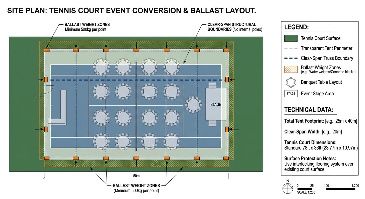 How We Built a Temporary Banquet Hall on a Tennis Court 1 Site layout and engineering blueprint for setting up a commercial clear-span tent on a residential tennis court.