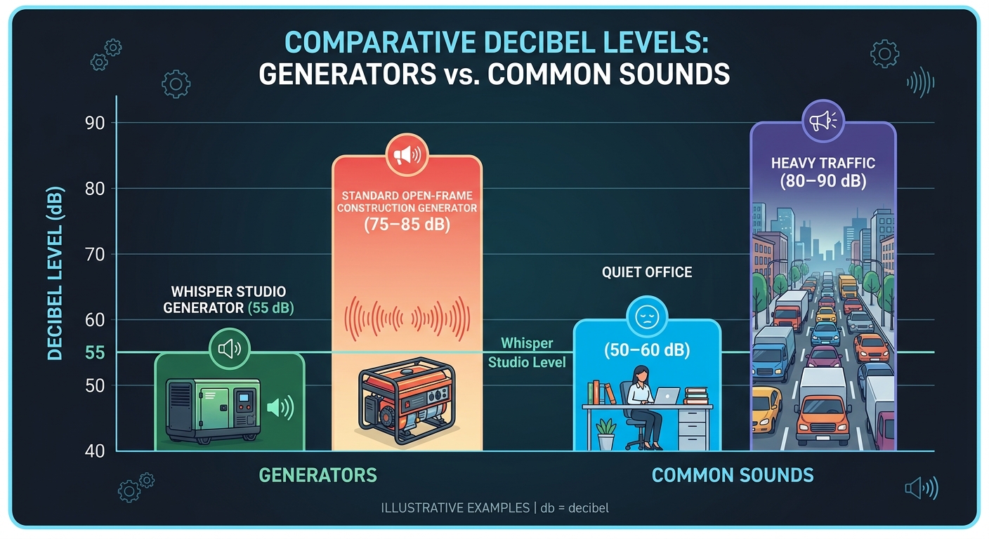 The LA Event Planner’s Guide to Generator Rentals 2 Infographic comparing decibel sound levels of whisper generators versus construction power units.