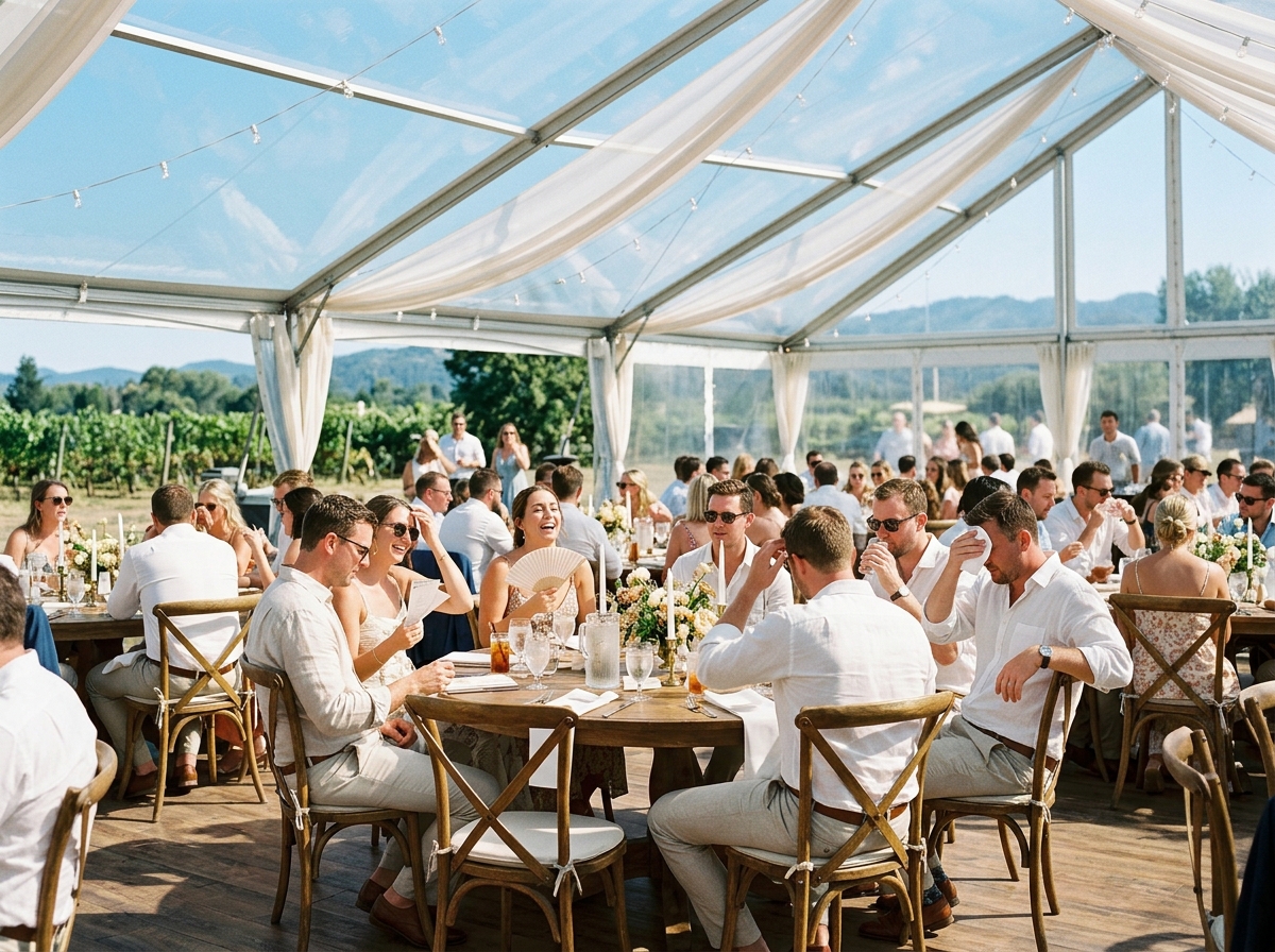 Clear Top vs. White Top Tents: Pros, Cons, & Temperature 2 Interior of a clear top tent during daytime showing natural light and warm conditions
