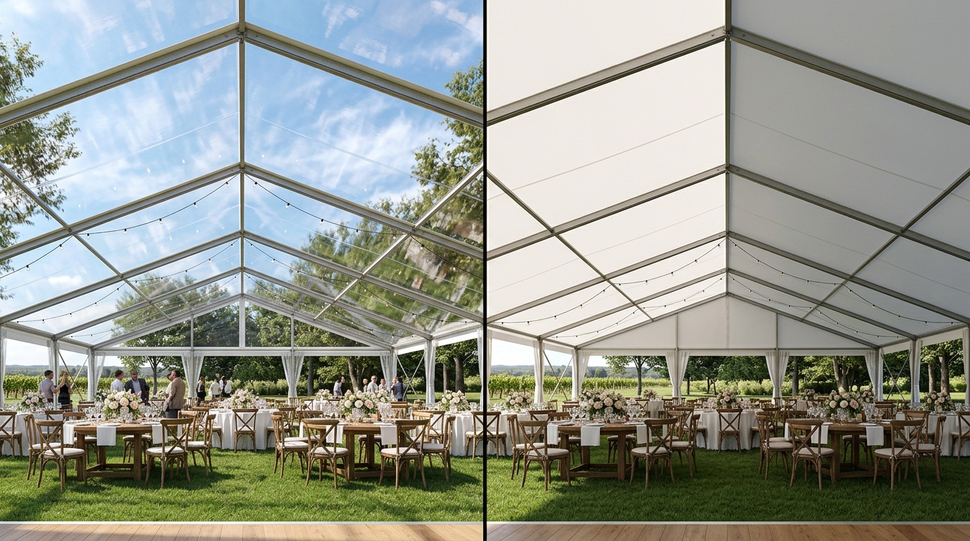 Clear Top vs. White Top Tents: Pros, Cons, & Temperature 1 Side-by-side view of a clear top tent and a white top tent at outdoor events