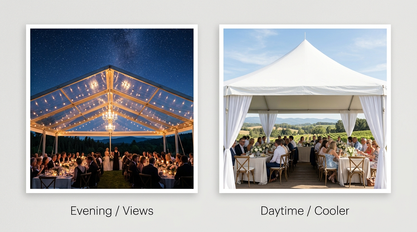 Clear Top vs. White Top Tents: Pros, Cons, & Temperature 5 Quick visual guide for choosing between clear top and white top tents