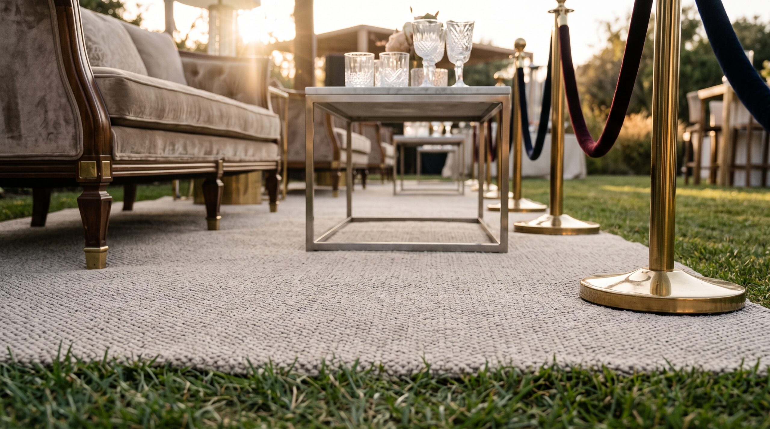 How to Create a Luxury Lounge Area on a Budget 4 Plush red or neutral event carpet flooring rental transforming a backyard ground into a polished lounge space.