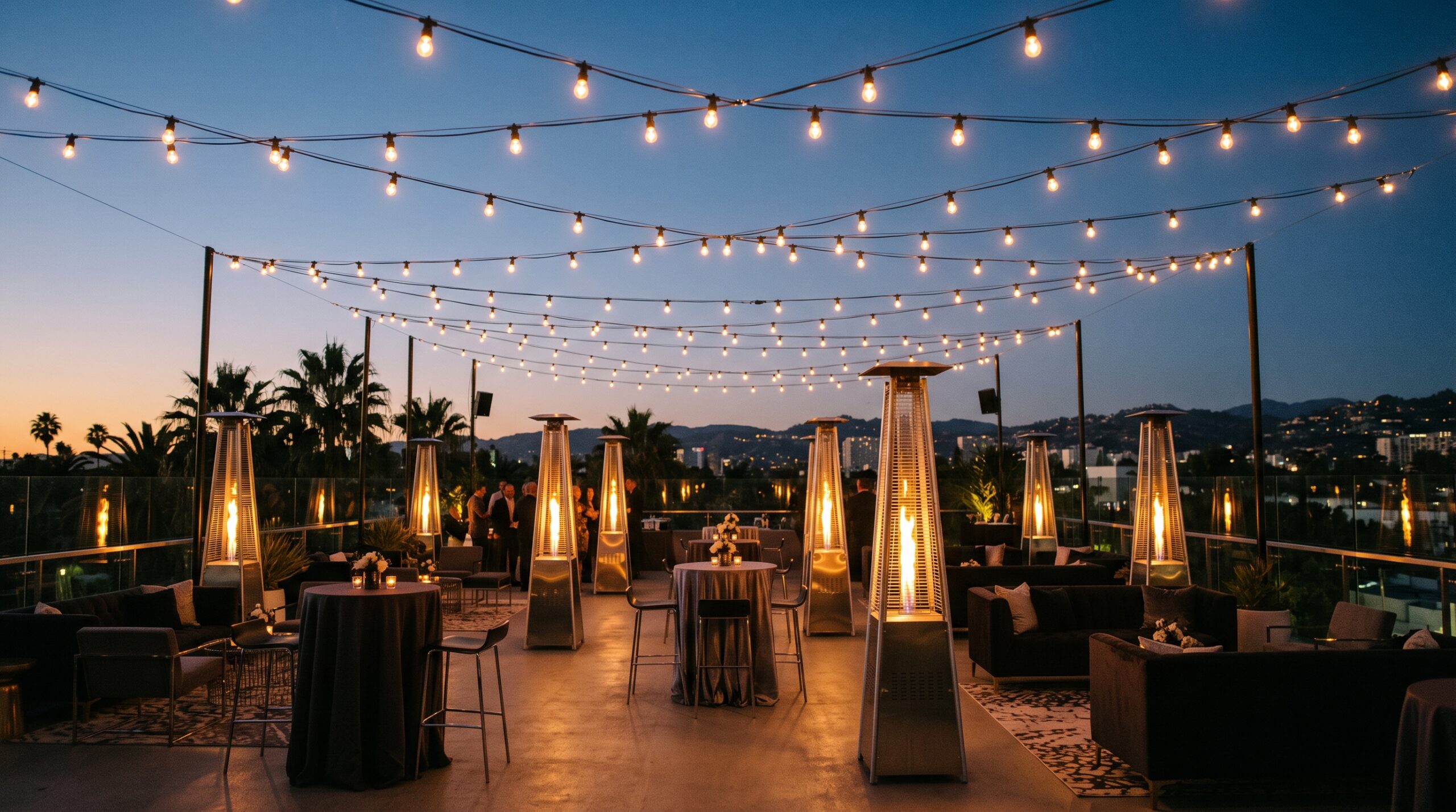How to Create a Luxury Lounge Area on a Budget 3 Outdoor wedding lounge featuring ambient party lighting rentals and tall torch fire heaters at dusk.