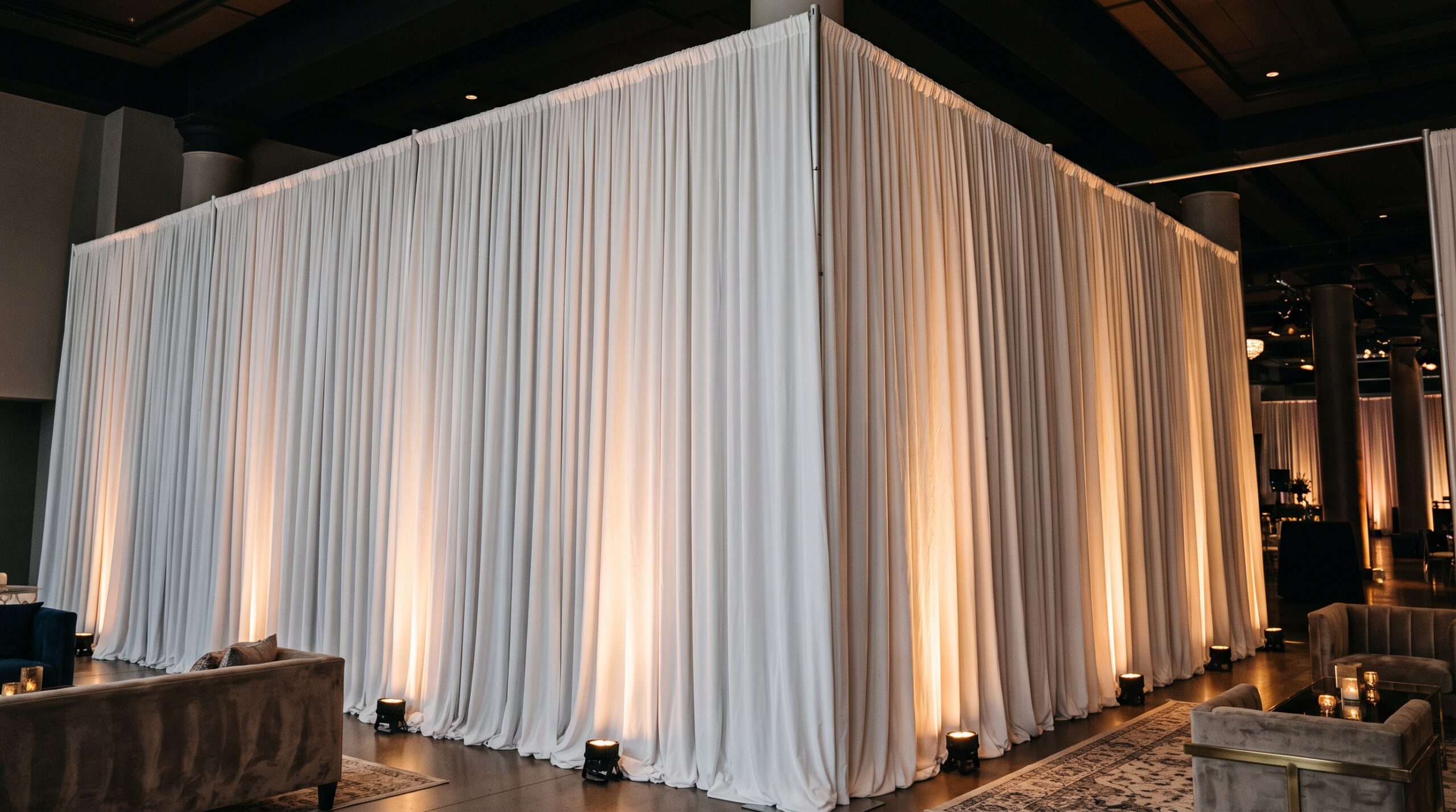 How to Create a Luxury Lounge Area on a Budget 2 Floor-to-ceiling pipe and drape fabric rental used to divide an event room and soften venue lighting.