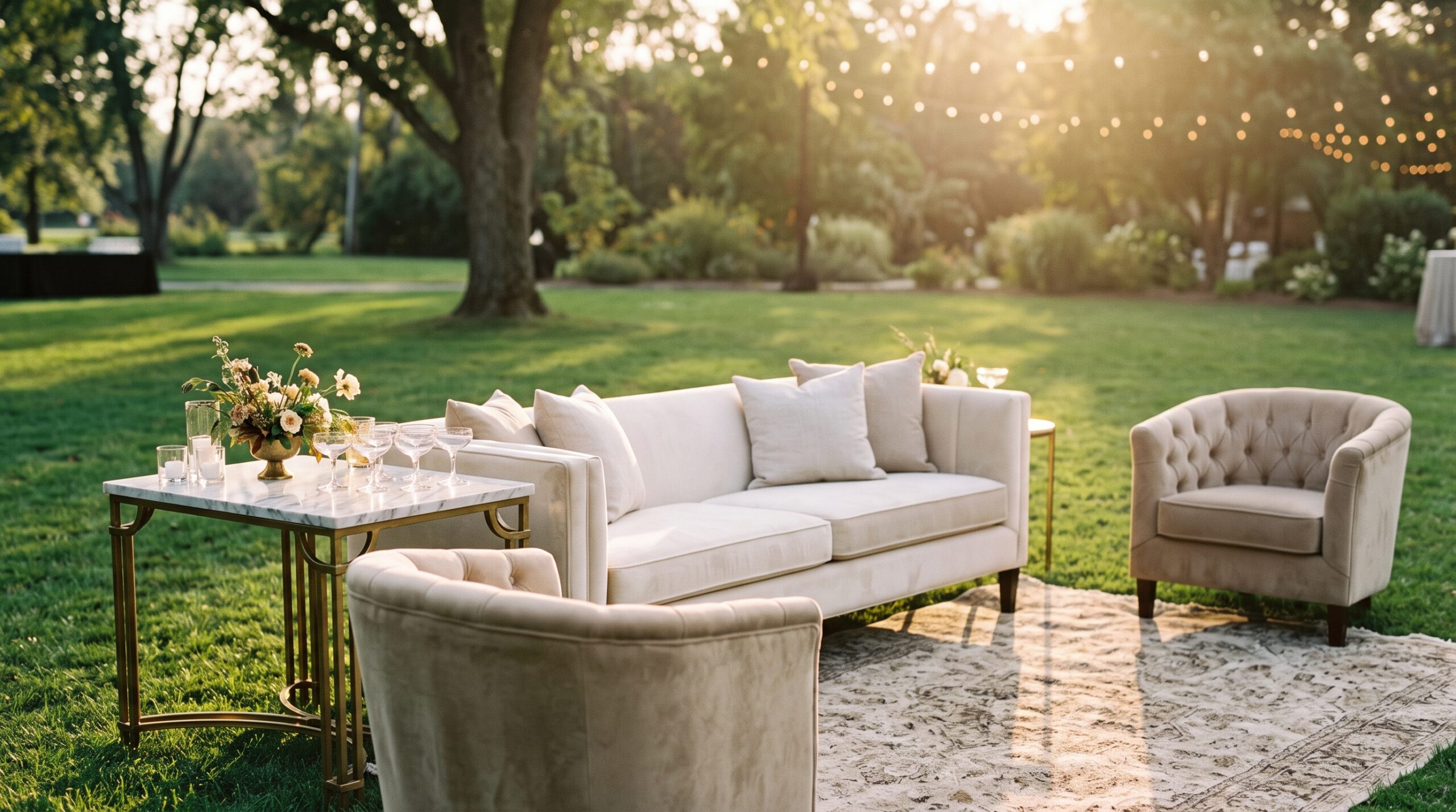 How to Create a Luxury Lounge Area on a Budget 1 Modern rental sofas and armchairs configured into a comfortable wedding lounge area.