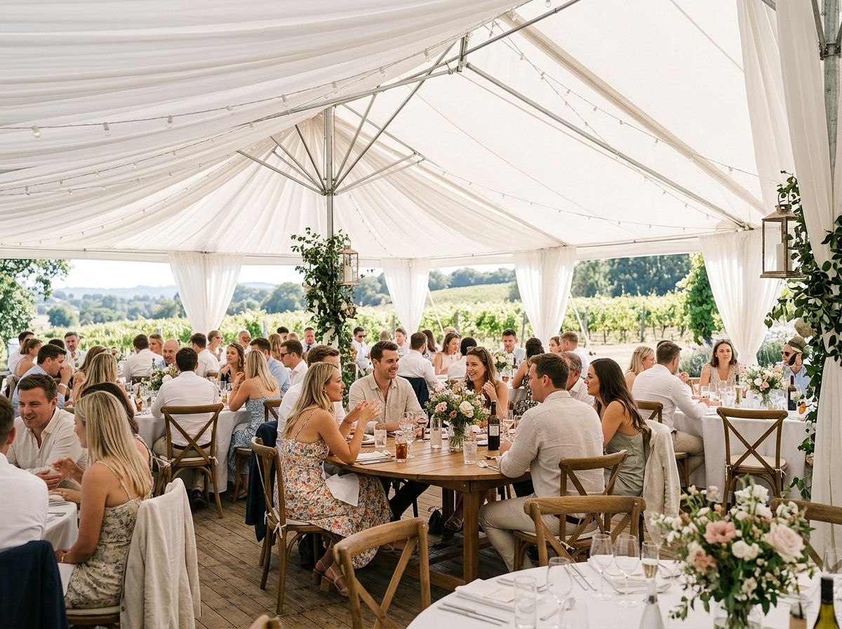 Clear Top vs. White Top Tents: Pros, Cons, & Temperature 3 Guests relaxing under a white top tent with full shade on a sunny day